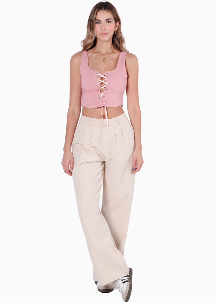 Crop top de tiras con ojaletes color rosado para mujer - Flashy