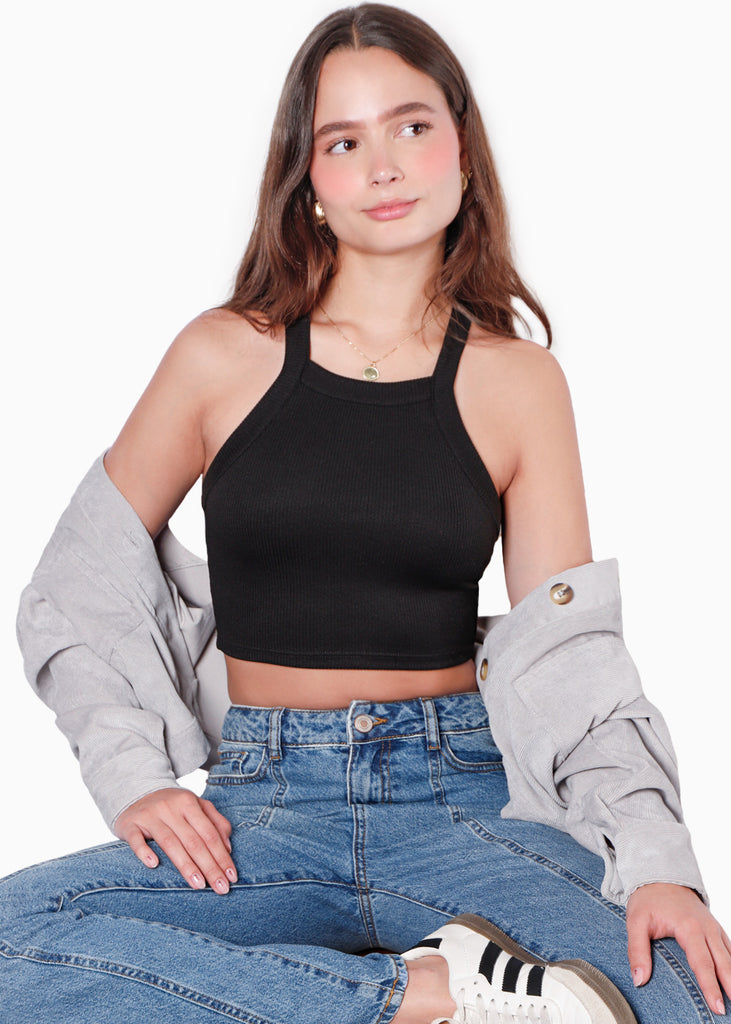 Crop top halter sin mangas y con cruce en espalda color negro para mujer - Flashy