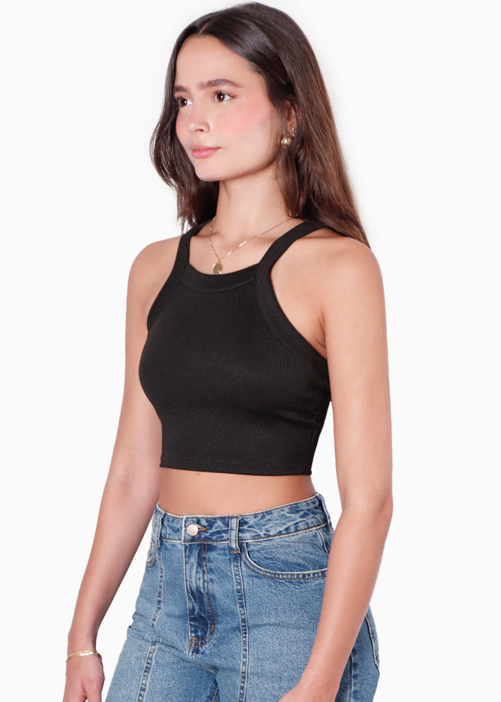 Crop top halter sin mangas y con cruce en espalda color negro para mujer - Flashy