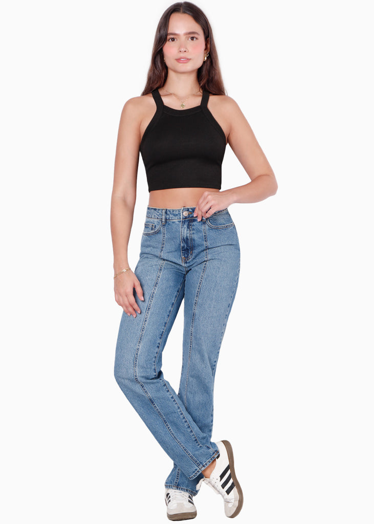 Crop top halter sin mangas y con cruce en espalda color negro para mujer - Flashy