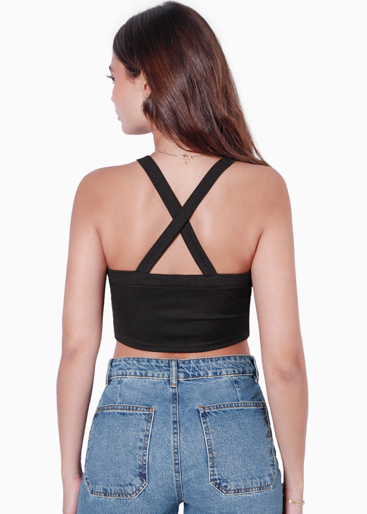 Crop top halter sin mangas y con cruce en espalda color negro para mujer - Flashy