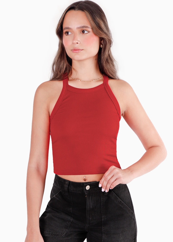 Crop top halter sin mangas y con cruce en espalda color rojo color rojo para mujer - Flashy