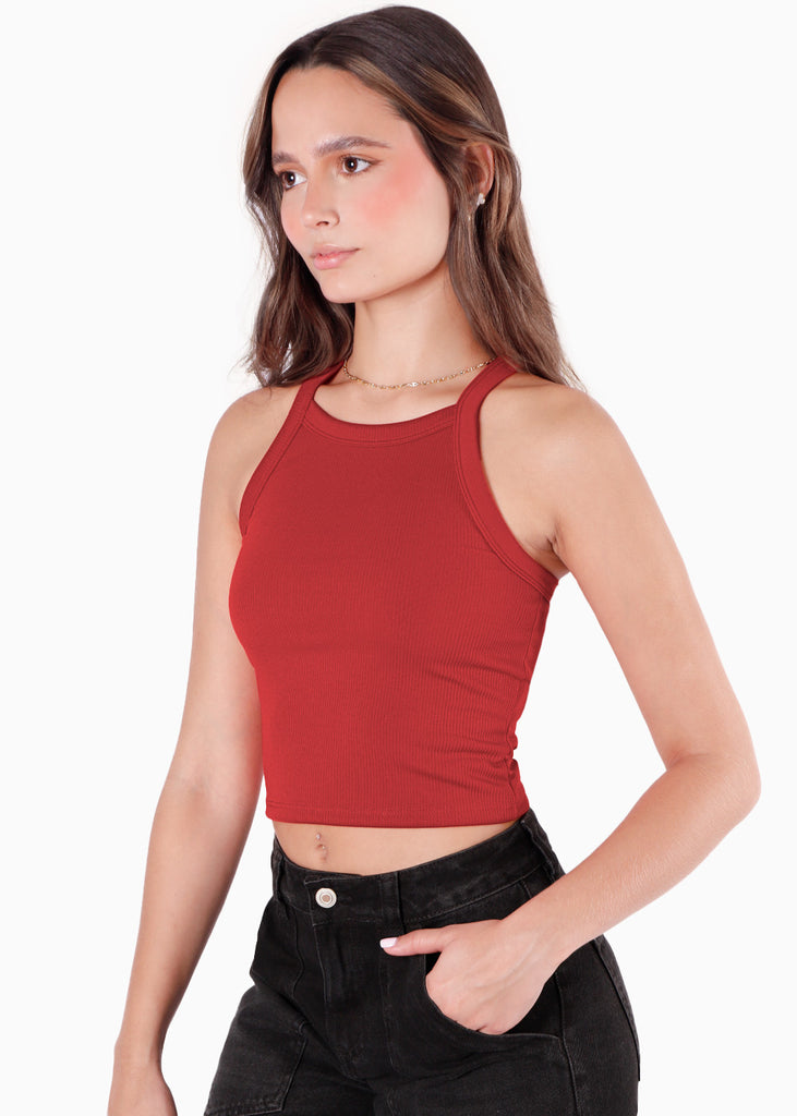 Crop top halter sin mangas y con cruce en espalda color rojo color rojo para mujer - Flashy