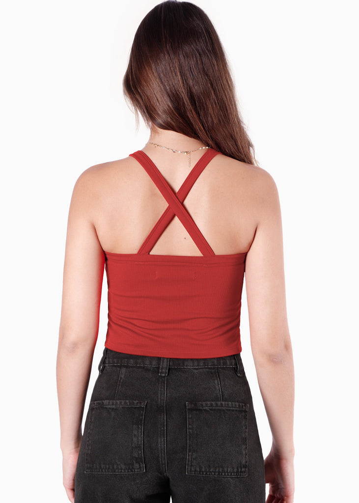 Crop top halter sin mangas y con cruce en espalda color rojo color rojo para mujer - Flashy