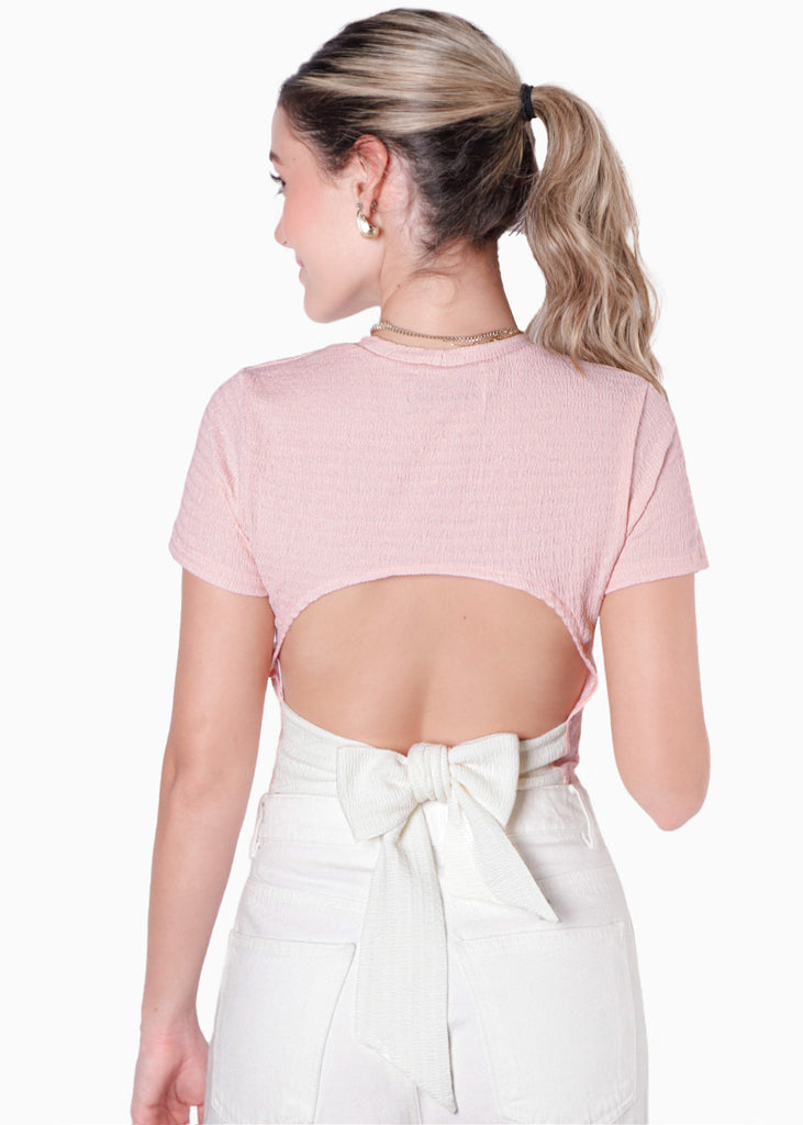 Crop top manga corta con espalda descubierta y anudado en contraste color rosado para mujer - Flashy