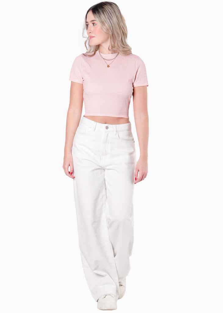 Crop top manga corta con espalda descubierta y anudado en contraste color rosado para mujer - Flashy