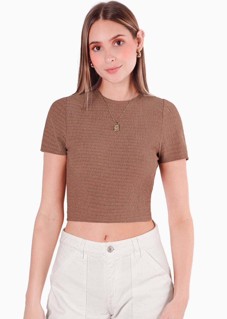 Crop top manga corta con espalda descubierta y anudado en contraste color café para mujer - Flashy