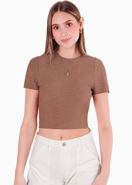 Crop top manga corta con espalda descubierta y anudado en contraste color café para mujer - Flashy