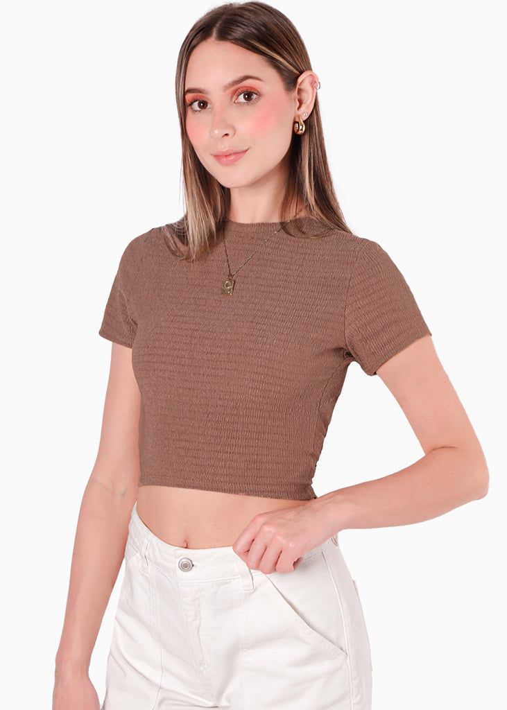 Crop top manga corta con espalda descubierta y anudado en contraste color café para mujer - Flashy