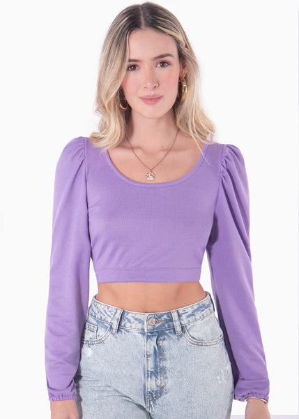 Crop top manga larga con recogido y mangas embombadas color lila para mujer - Flashy