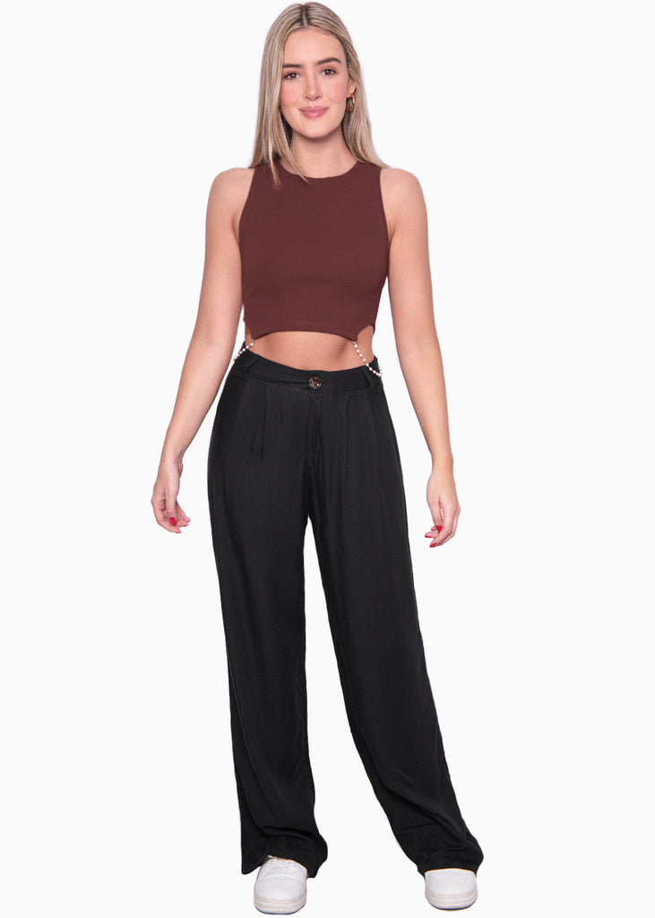 Crop top sin mangas con apliques de perlas en costados color café para mujer - Flashy