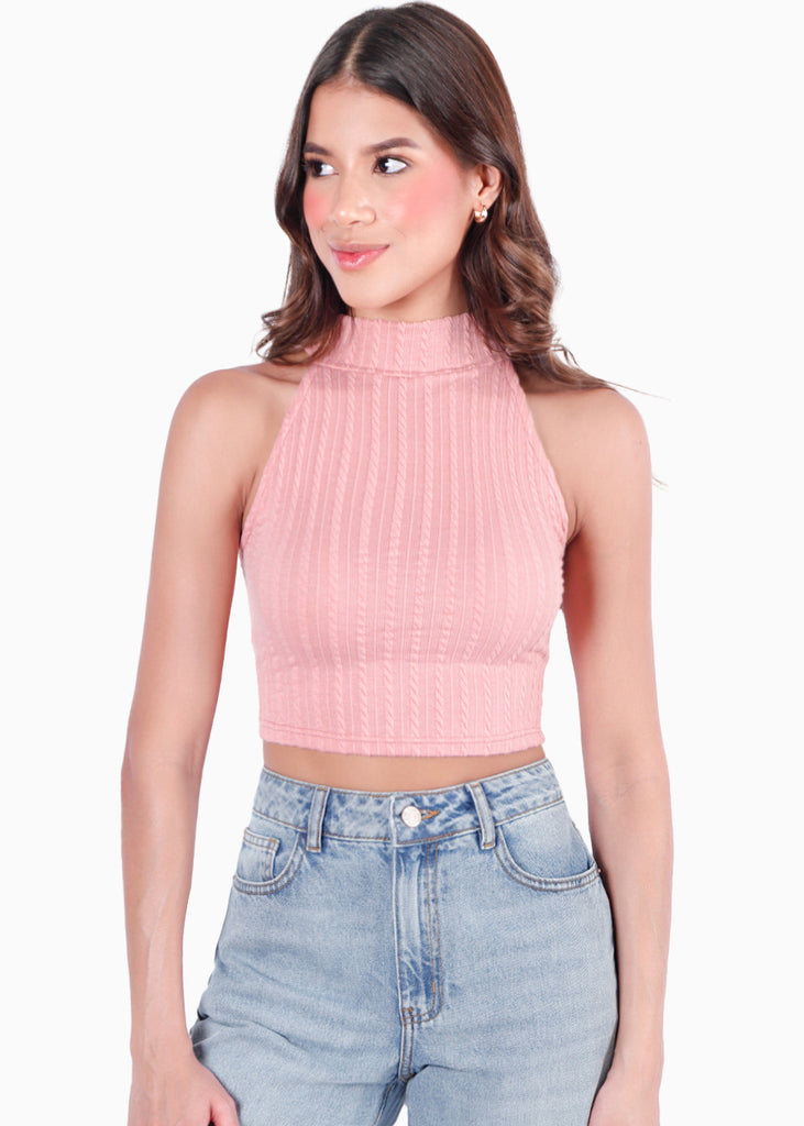 Crop top sin mangas con cuello halter color rosado para mujer - Flashy