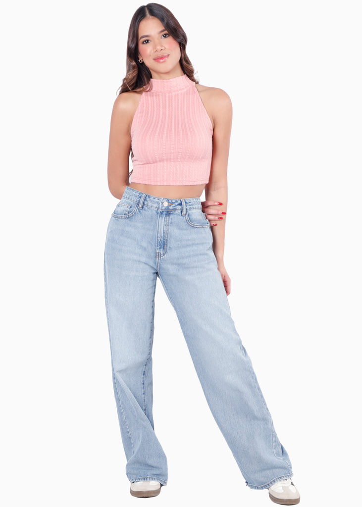 Crop top sin mangas con cuello halter color rosado para mujer - Flashy