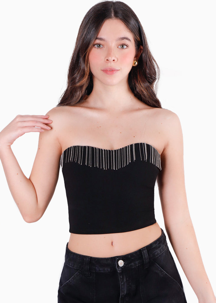 Crop top strapless con aplique de cadenas en escote color negro para mujer - Flashy