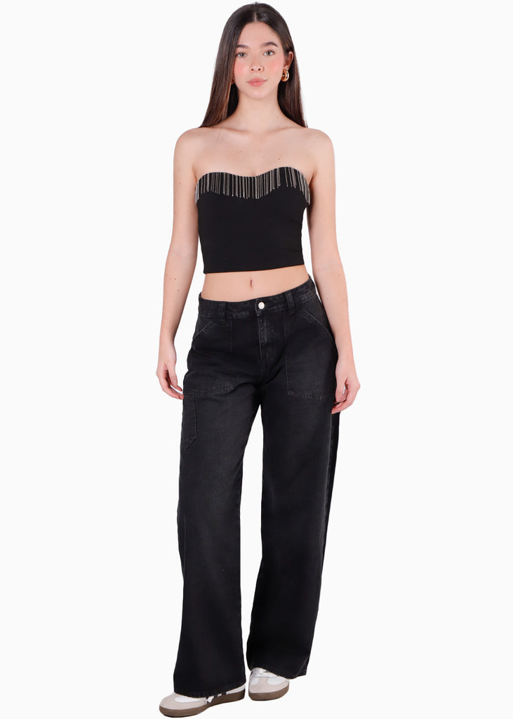 Crop top strapless con aplique de cadenas en escote color negro para mujer - Flashy