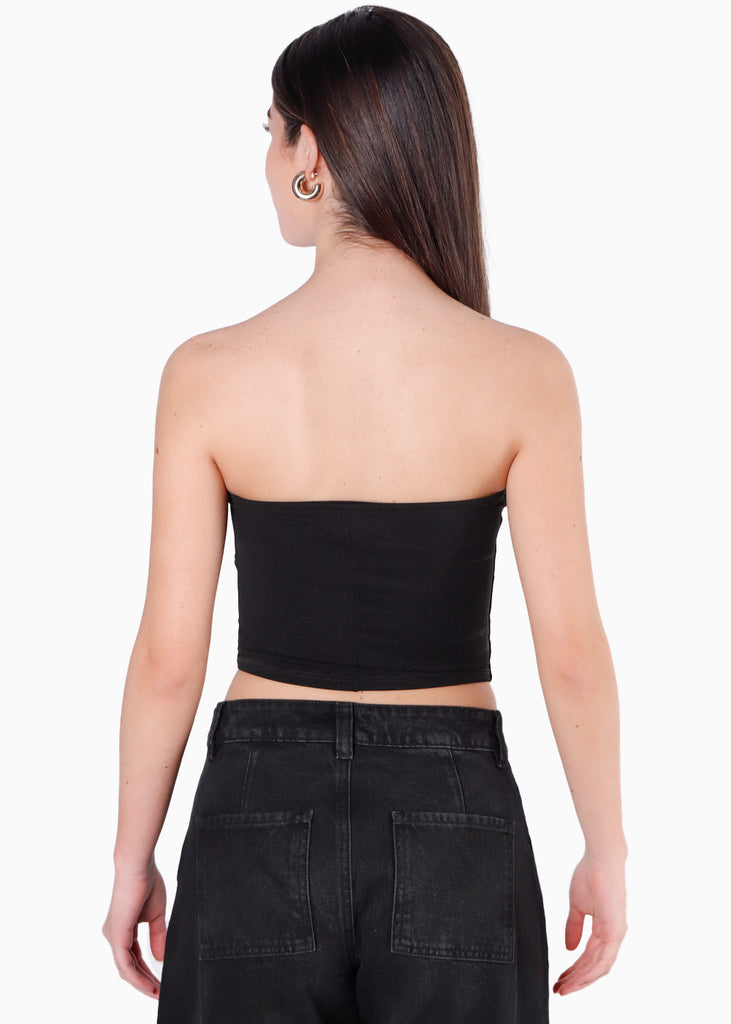 Crop top strapless con aplique de cadenas en escote color negro para mujer - Flashy