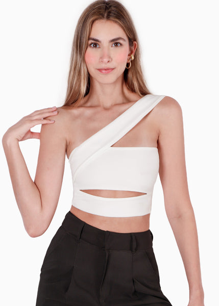 Crop top strapless con cut out y cargadera en diagonal color blanco, marfil para mujer - Flashy