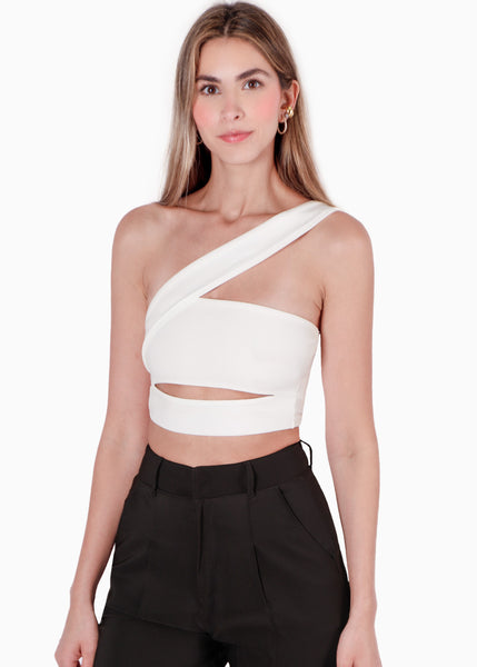 Crop top strapless con cut out y cargadera en diagonal color blanco, marfil para mujer - Flashy