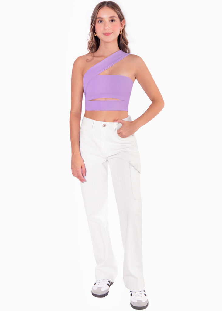 Crop top strapless con cut out y cargadera en diagonal color lila para mujer - Flashy