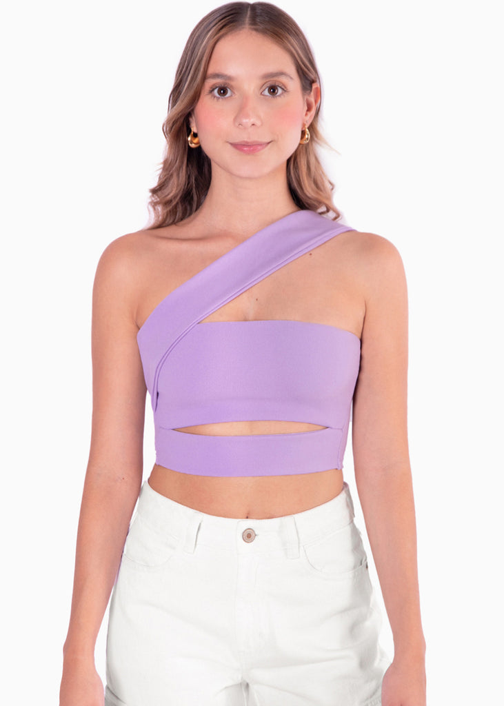 Crop top strapless con cut out y cargadera en diagonal color lila para mujer - Flashy