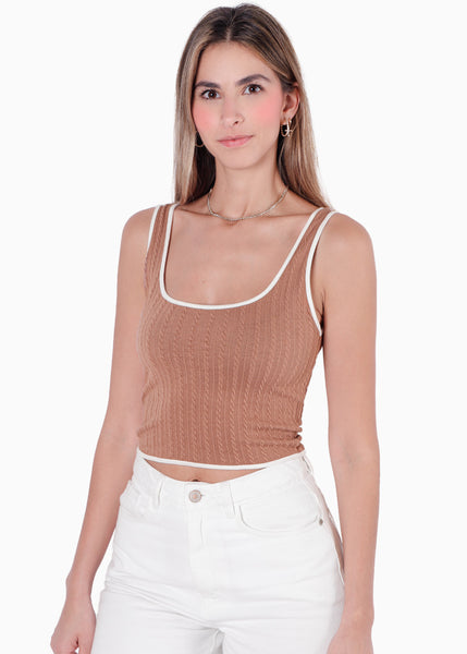 Crop top tejido de tiras con sesgos en contraste color café para mujer - Flashy