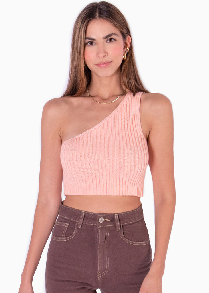 Crop top tejido de un solo hombro color rosado para mujer - Flashy