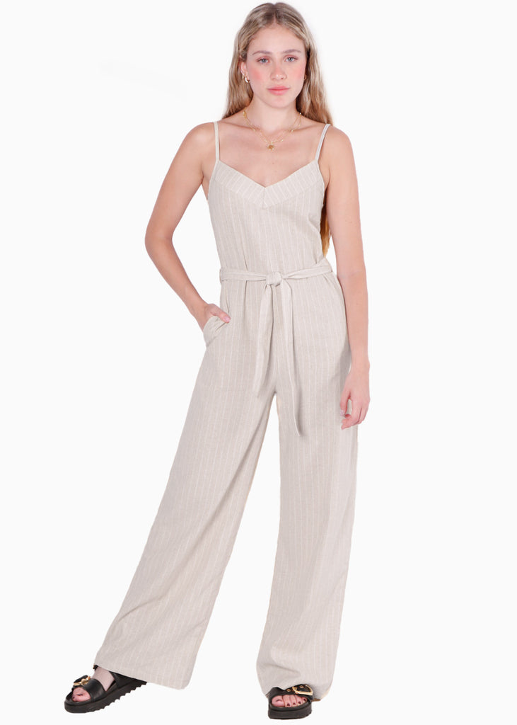 Enterizo de pantalón tipo lino y con anudado en cintura color beige para mujer - Flashy