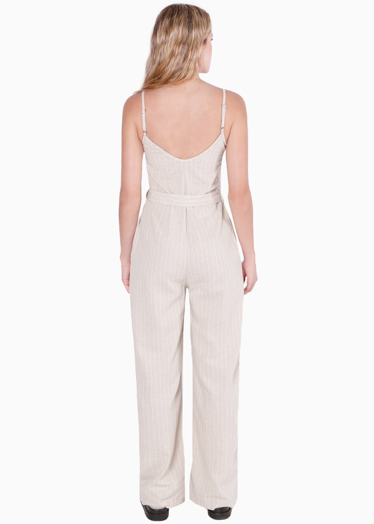 Enterizo de pantalón tipo lino y con anudado en cintura color beige para mujer - Flashy