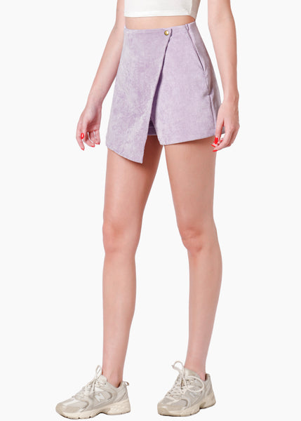 Falda short cruzada de corduroy color lila para mujer - Flashy