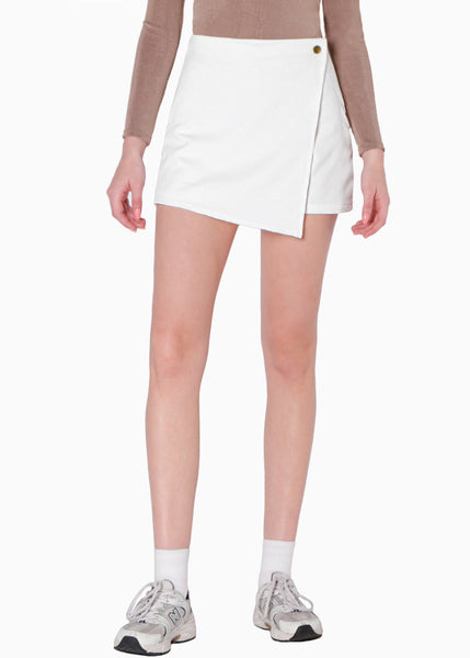 Falda short cruzada de corduroy color blanco, marfil para mujer - Flashy