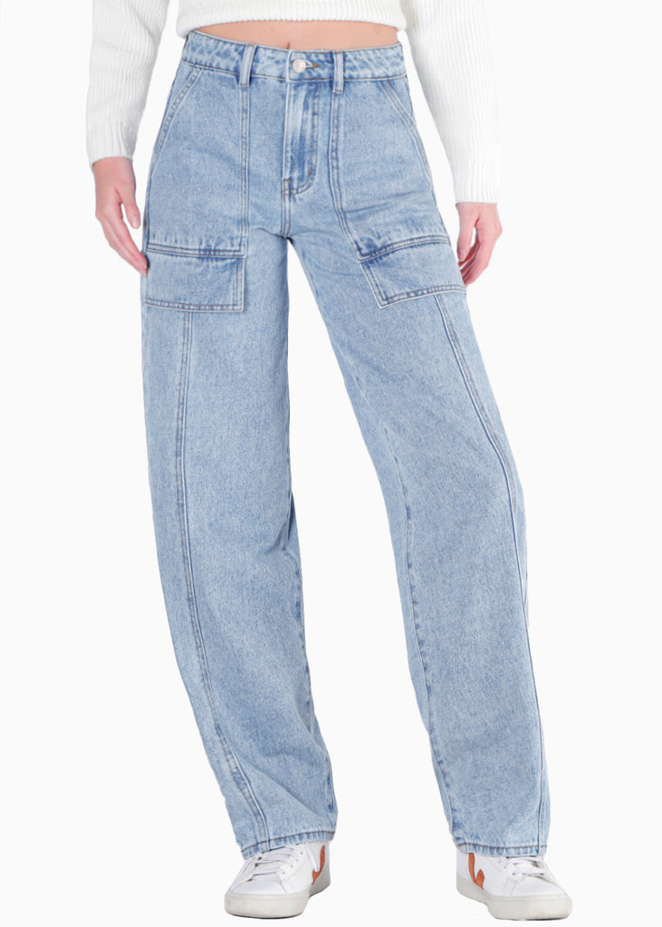 Jean baggy de tiro medio y tipo cargo color azul para mujer - Flashy