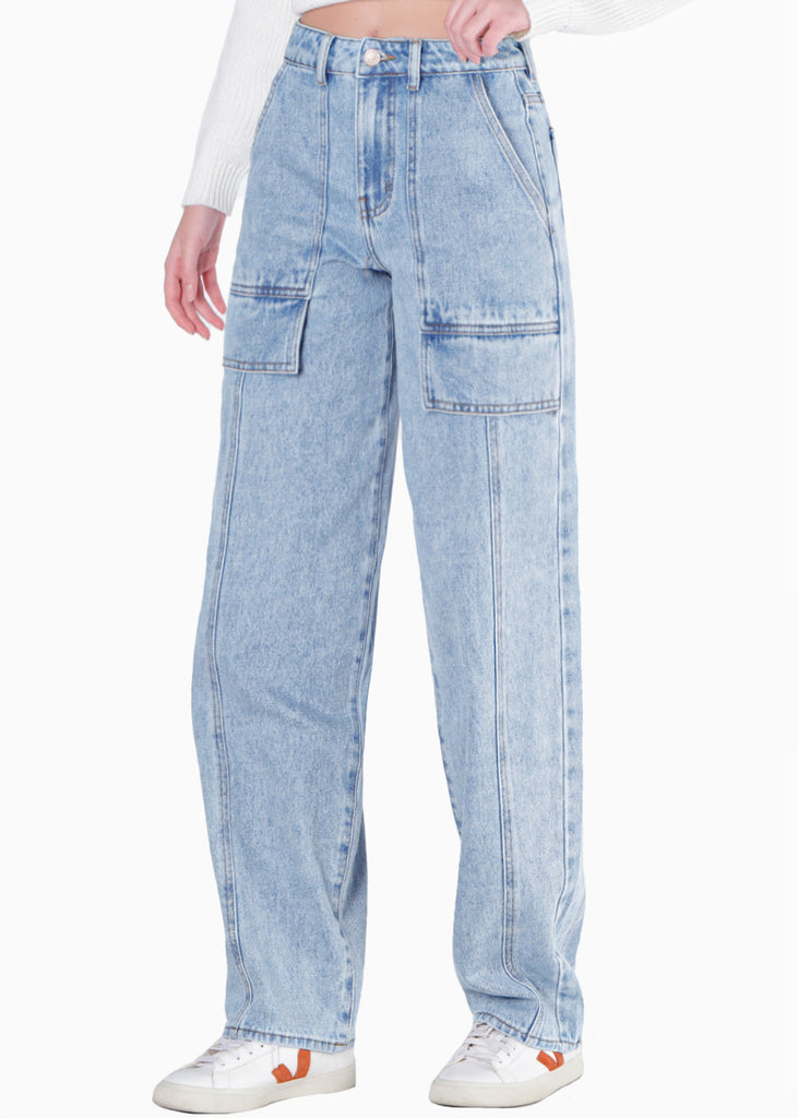 Jean baggy de tiro medio y tipo cargo color azul para mujer - Flashy