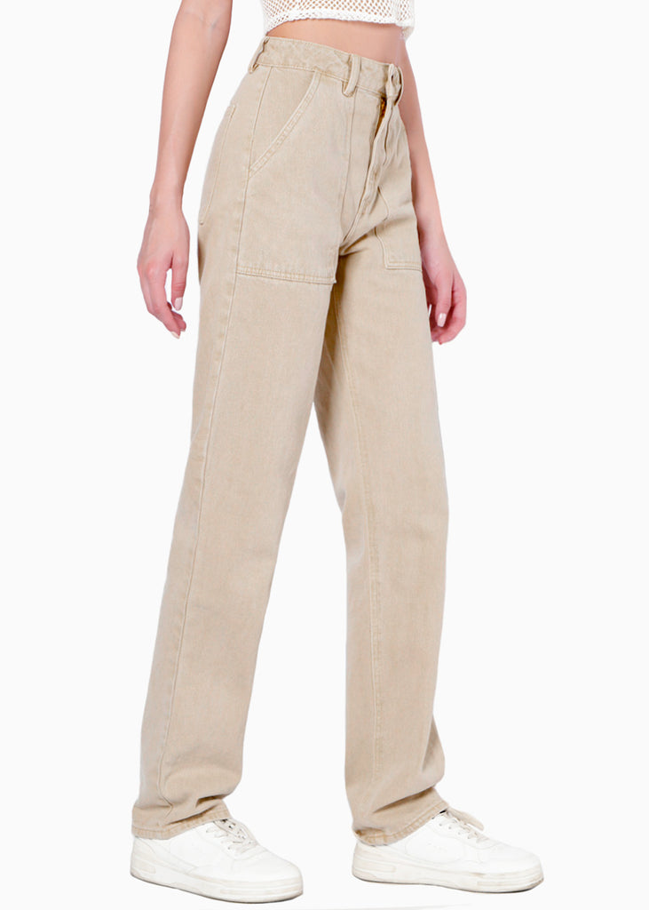 Jean recto de tiro alto con corte en bolsillo color beige para mujer - Flashy