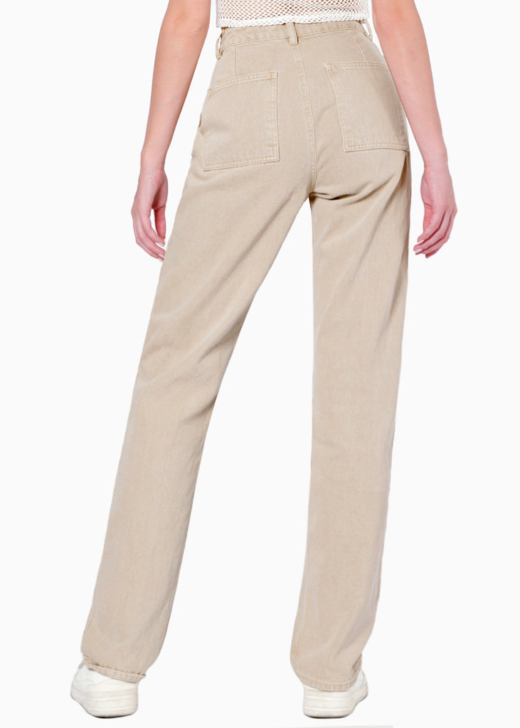 Jean recto de tiro alto con corte en bolsillo color beige para mujer - Flashy