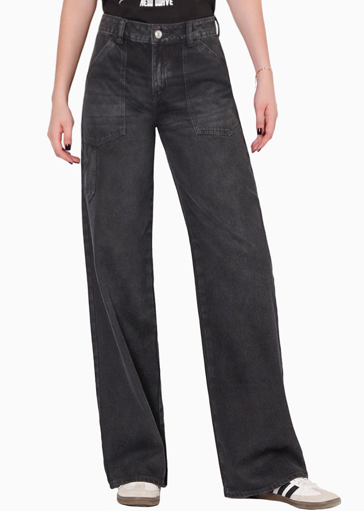 Jean wide leg de tiro medio con corte en bolsillos color negro para mujer - Flashy