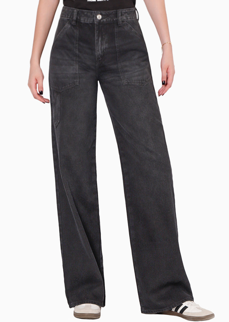 Jean wide leg de tiro medio con corte en bolsillos color negro para mujer - Flashy