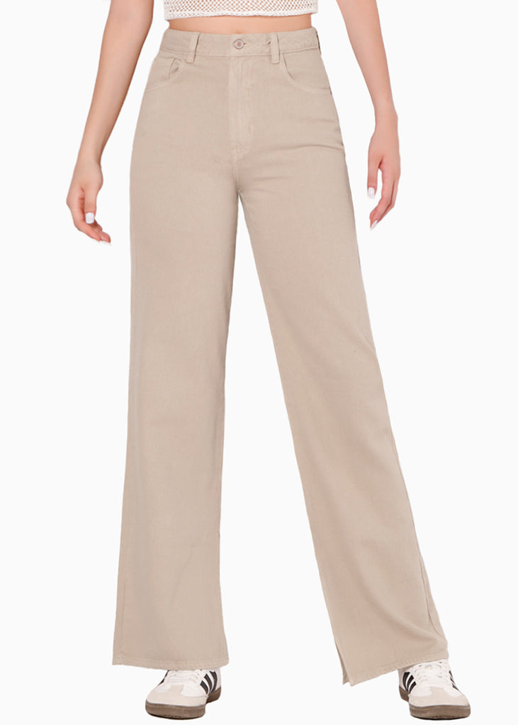 Jean wide leg full length de tiro alto color beige para mujer - Flashy