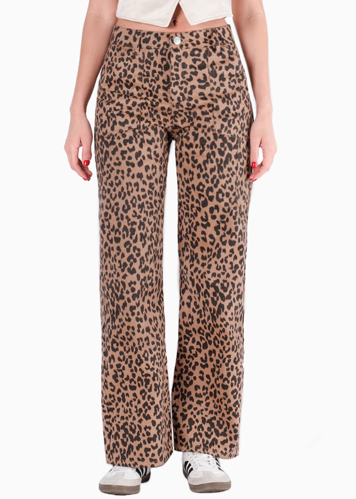 Jean recto tiro medio de animal print color café para mujer - Flashy