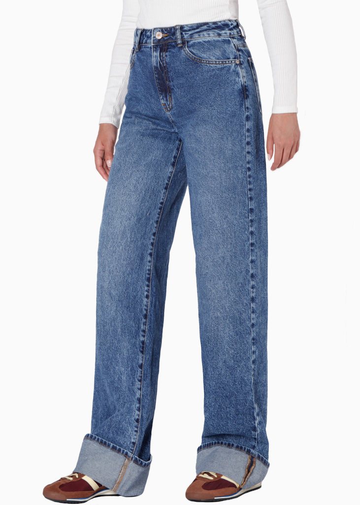 Jean wide leg de tiro alto color azul para mujer - Flashy