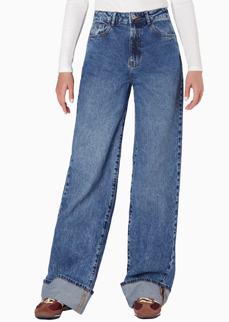 Jean wide leg de tiro alto color azul para mujer - Flashy