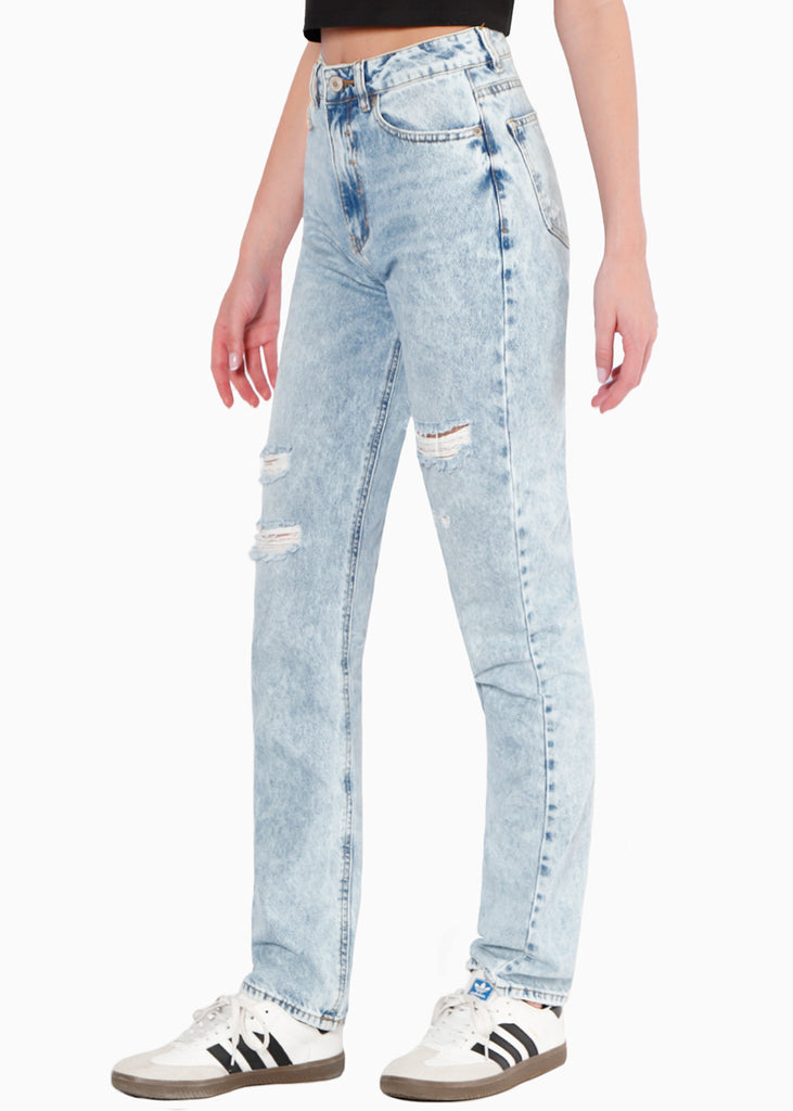 Mom jean de tiro alto con rotos color azul, denim para mujer - Flashy