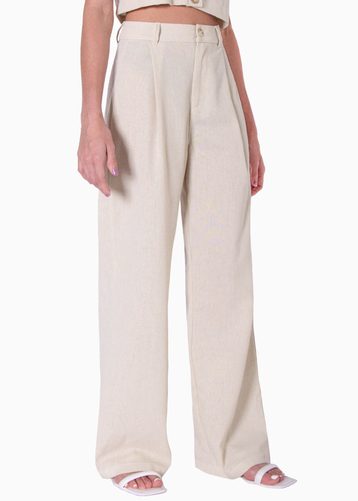 Pantalón tipo sastre ancho de lino de tiro alto con pinzas color beige para mujer - Flashy