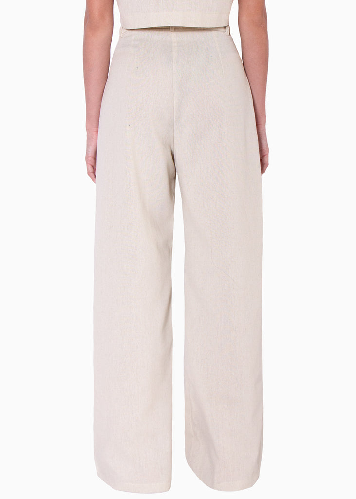 Pantalón tipo sastre ancho de lino de tiro alto con pinzas color beige para mujer - Flashy