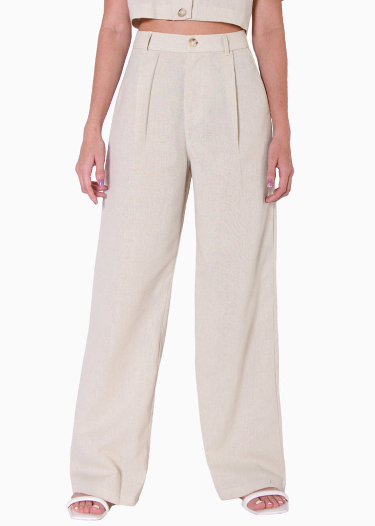 Pantalón tipo sastre ancho de lino de tiro alto con pinzas color beige para mujer - Flashy