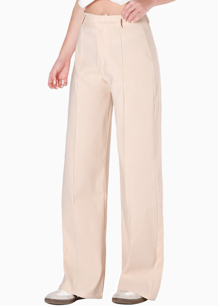 Pantalón de tiro alto wide leg tipo sastre color beige para mujer - Flashy