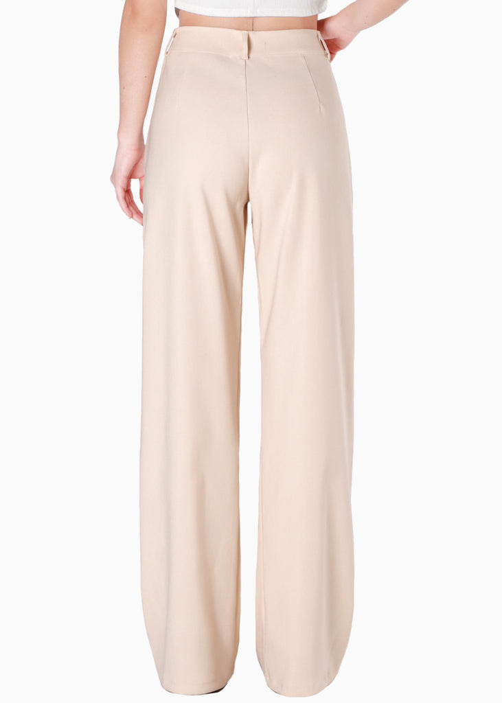 Pantalón de tiro alto wide leg tipo sastre color beige para mujer - Flashy