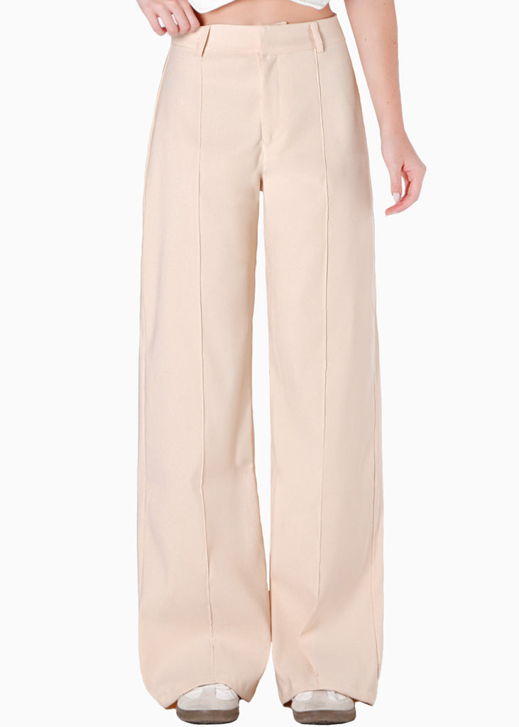 Pantalón de tiro alto wide leg tipo sastre color beige para mujer - Flashy