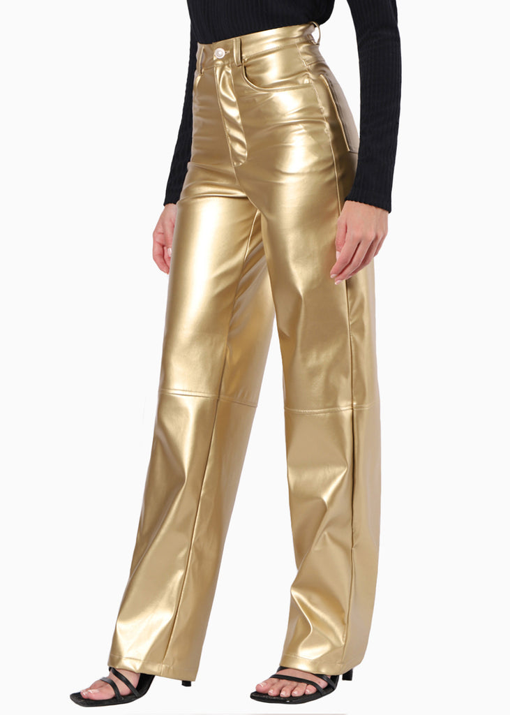 Pantalón recto con efecto metalizado y de tiro alto color dorado para mujer - Flashy