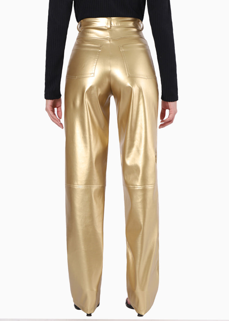 Pantalón recto con efecto metalizado y de tiro alto color dorado para mujer - Flashy