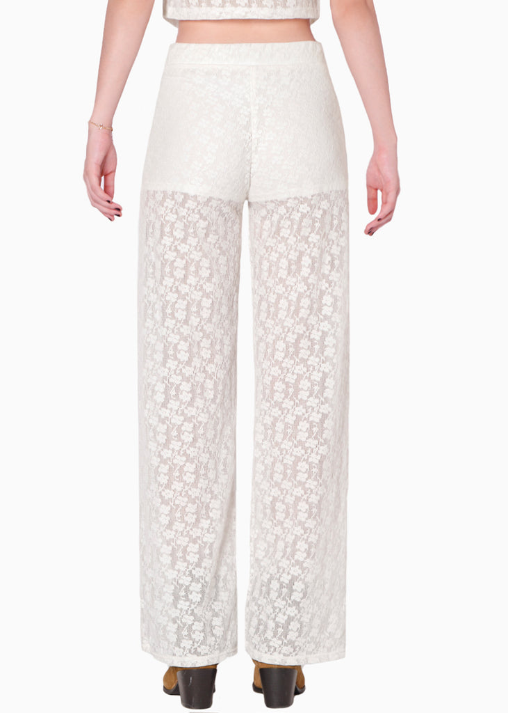 Pantalón recto de encaje y con elástico en cintura color blanco, marfil para mujer - Flashy